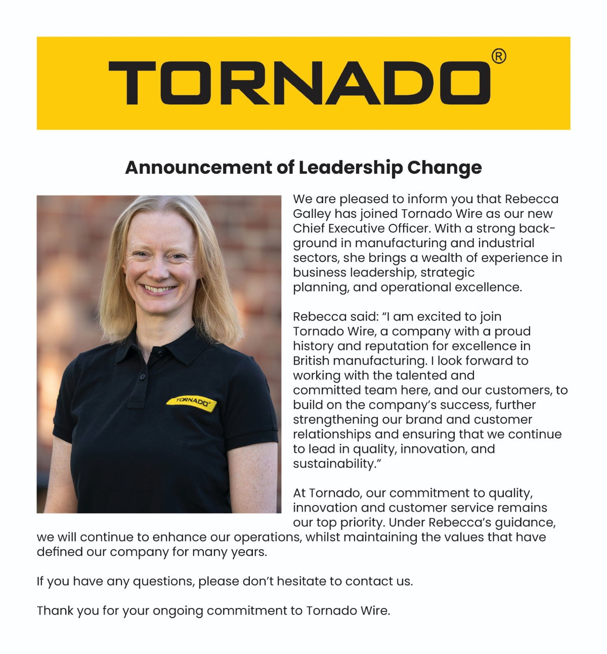 Announcement of New Leadership - Rebecca Galley